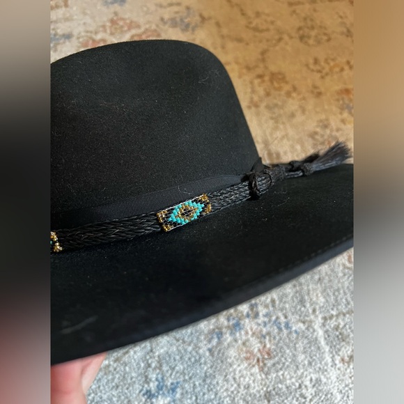 Stetson Black Cowboy Hat with Turquoise/Black Beaded Horse Hair Strap - Picture 5 of 15